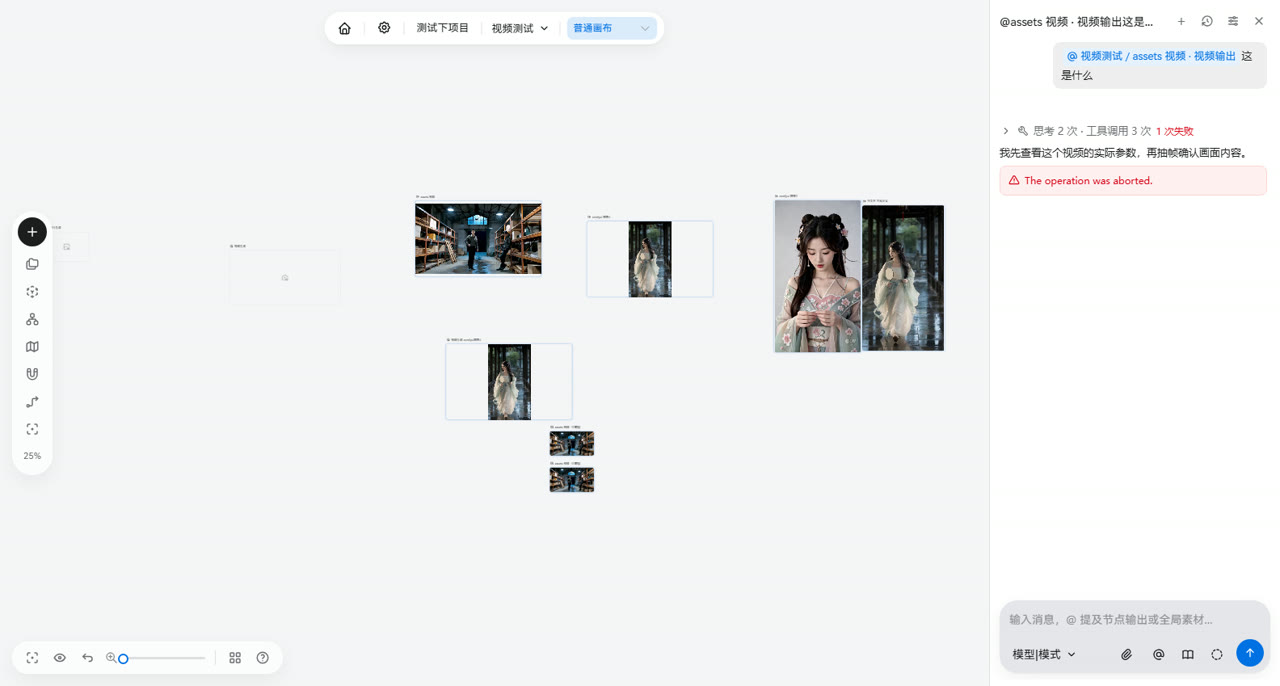 一块按产线排列的画布：图片与视频素材节点带预览图，由连线串成流水线